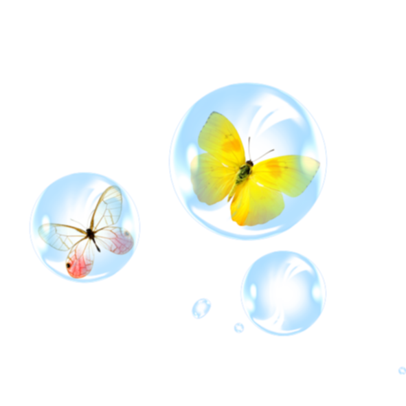 image: 3 bubbles, with butterflies in two of them